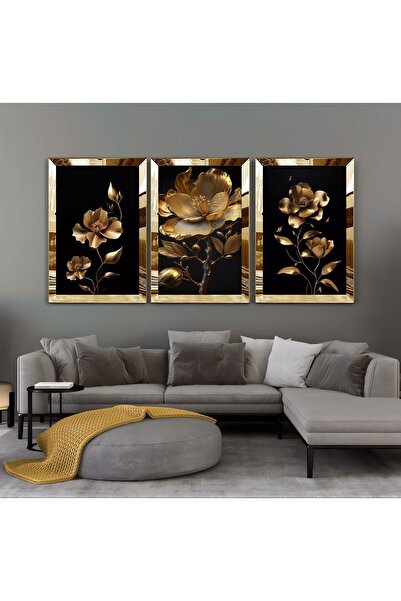 Harikabirev | Combinație de flori aur-negru 02 | Tablou MDF cu rama din plexiglas 3dky