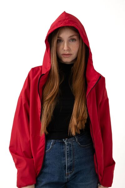 Firststops Women's Red Hooded Water and Windproof Pocket Lined Inside Oversize Seasonal Raincoat