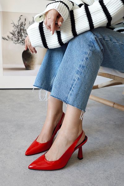 POLKA STORE Spark Piele Lacuita Rosie Varf Ascutit Spate Deschis Stiletto Rochie de seară Cu Toc Pantofi damă 