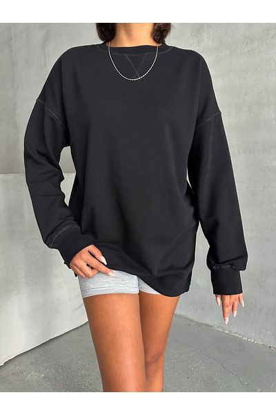 Look Forward Women's Black Stitching Detailed Oversize 3 Thread Sweatshirt