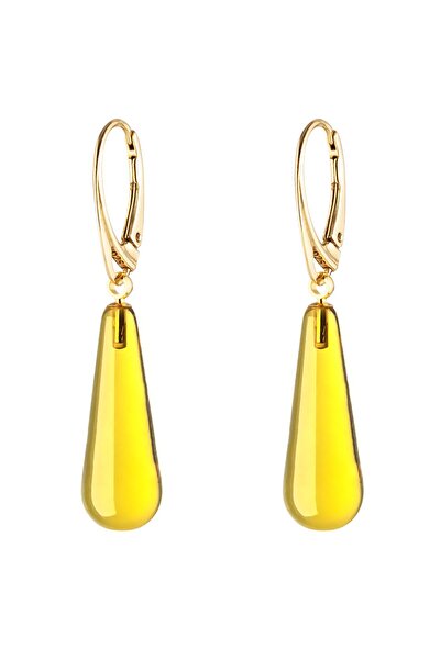 Amber by Mazukna Bal Rengi Damla Kesim Kehribar Küpe, 925 Gümüş Altın Kaplama...