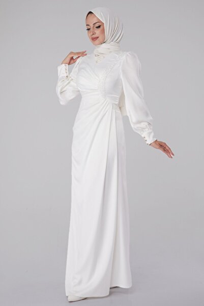 TOFİSA White Stoned Straight V-Neck Women's Evening Dress - 26195