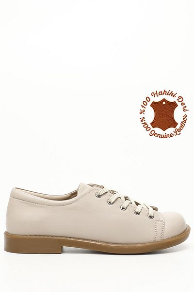 GÖNDERİ(R) Beige Antique Genuine Leather Round Toe Rubber Sole Lace Up Women's Casual Shoes 24242