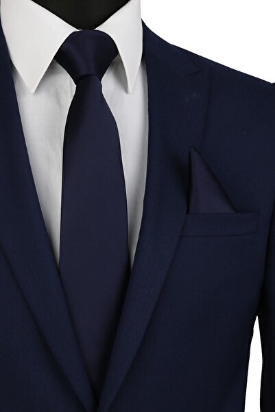 La Pescara Plain Satin Navy Blue Tie with Handkerchief 1120