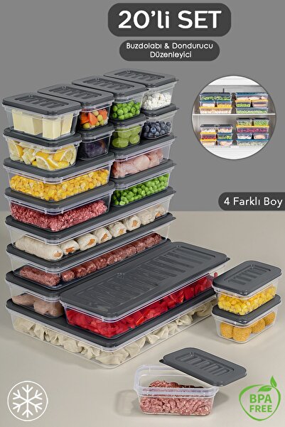 Meleni Home 20 Pieces Microwave Compatible Organizer - Anthracite Storage Container 1X2400Ml 4X1170Ml 4X600Ml 11X240Ml