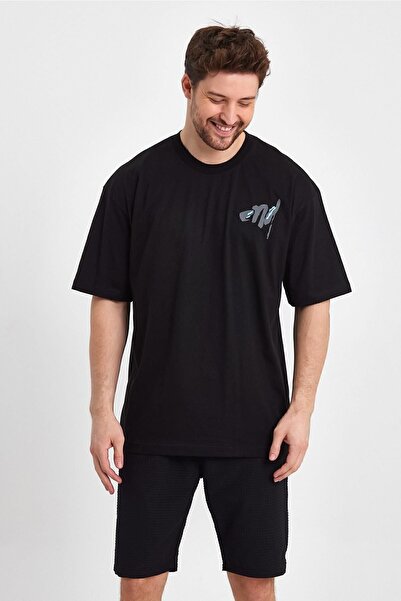 THE RULE Ανδρικό μπλουζάκι με στάμπα στο τέλος της πλάτης, 100% βαμβακερό φαρδύ φαρδύ κομμένο λαιμόκοψη με απαλή υφή μαύρο μπλουζάκι