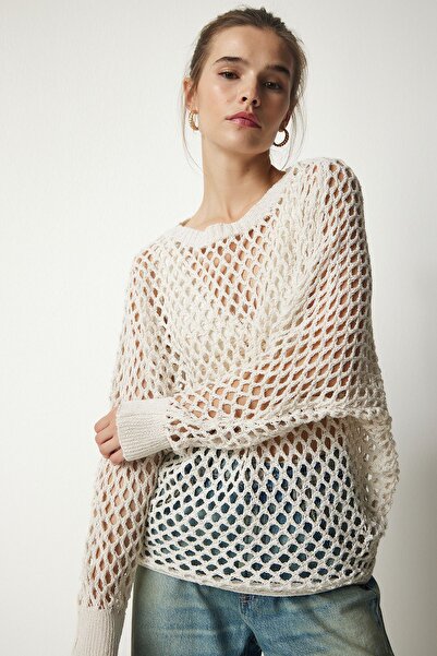 Lovelyİstanbul Πλεκτό πουλόβερ με νυχτερίδα διάτρητο CREAM LCI0019