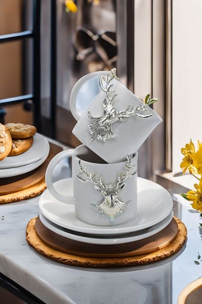 Arma House Set of 2 Silver Deer Motif Luxury Ceramic Coffee Cup & Cup