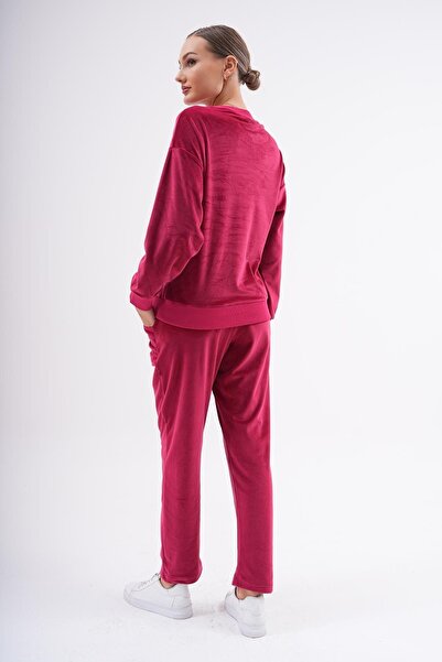 WestBound Soft Velvet Printed Women's Tracksuit Set - Claret Red