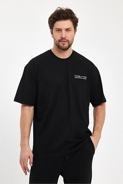 THE RULE Ανδρικό μπλουζάκι Simplicity με στάμπα Oversize 100% βαμβακερό φαρδύ φαρδύ κομμένο λαιμόκοψη φαρδύ μαύρο μπλουζάκι