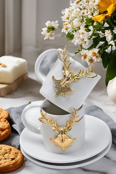 Arma House Elegant Luxury Ceramic Coffee Cup & Cup Set of 2 with Gold Deer Figure