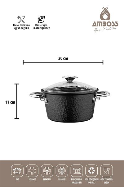 Amboss Cruz 7 Piece Granite Cast Pot Set - With Glass Lid, Can Enter The Oven, Black