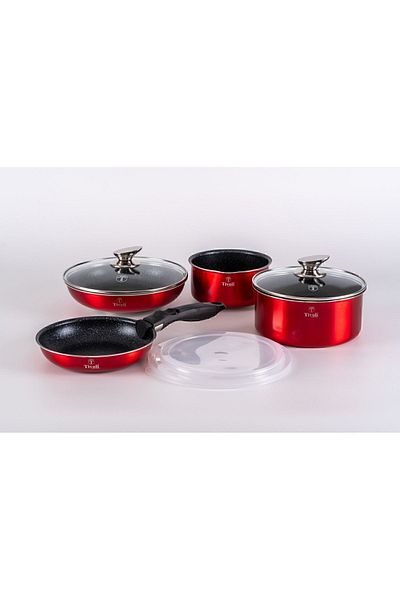 TİVOLİ 9 Piece Red Pot Set - Metallic Line Granite, Removable Handle