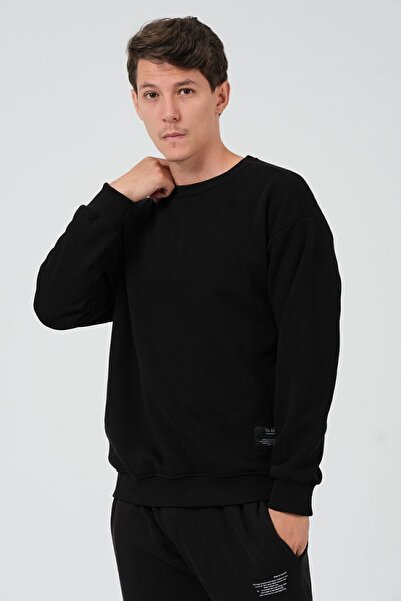 THE RULE Hanorac gros din bumbac, negru, supradimensionat, cu fleece în interior, cu 3 fire