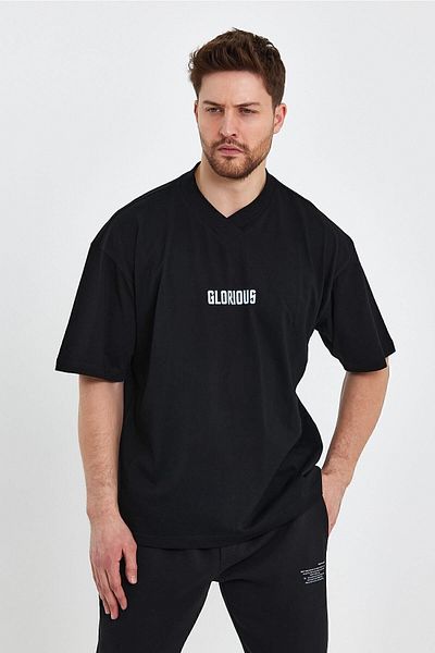 THE RULE Ανδρικό γιακά με λεπτομέρειες Oversize 100% βαμβακερό φαρδύ φαρδύ λαιμόκοψη μαλακό μαύρο μπλουζάκι