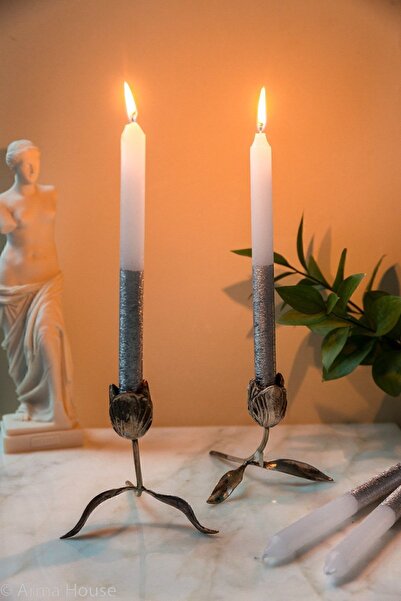 Arma House Gümüş Yaldızlı Modern 4'lü Şamdan Mumu 22 Cm