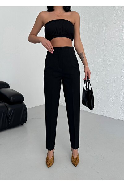 owwon Μαύρο ψηλόμεσο γυναικείο παντελόνι από ύφασμα καρότο