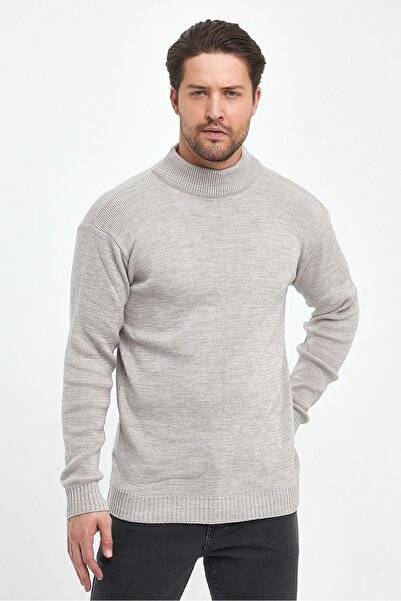 THE RULE Men's Beige Half Turtleneck Non-Pilling Thick Textured Regular Fit Knitwear Sweater