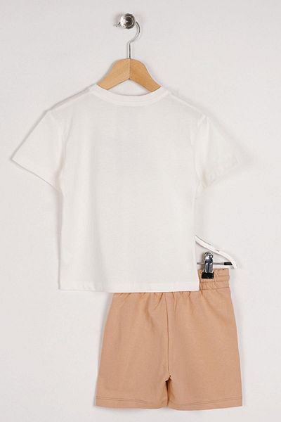 zepkids Crew Neck Half Sleeve Teddy Bear Detailed Ecru Beige Color Boy's Shorts Set