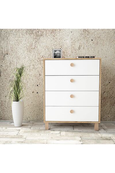 Yurudesign Vilamo Şifonyer Ahşap Ayak, 4Çekmece, Çam-Beyaz-Kayın Vl80-217