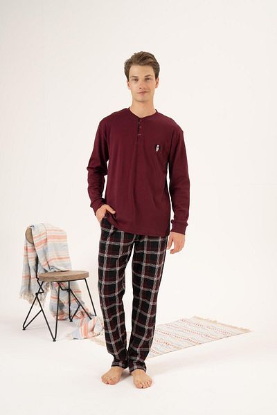 Estiva Men's Winter Pajama Set - Buttoned Collar, Checkered Bottom, Super Soft Interlock, Claret Red