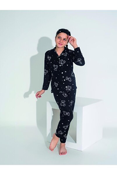 Estiva Σετ πιτζάμες για κορίτσια από σουέτ - Μοτίβο αρκουδάκι, κουμπιά στο μπροστινό μέρος