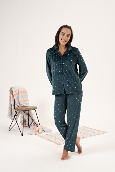 Estiva Σετ χειμερινής πιτζάμα με βελούδινα πουά - Κουμπιά μπροστά, χρώμα πετρέλαιο