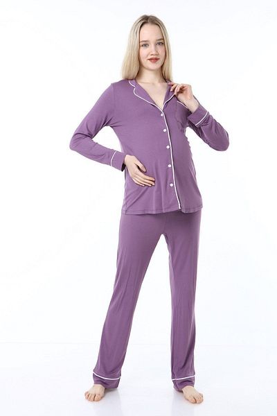 Luvmabelly Myra9552 Buttoned Pile Maternity Pajama Set -purple