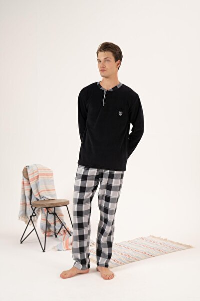 Estiva Erkek Kışlık Düğmeli Yaka Kareli Alt Polar Pijama Takımı