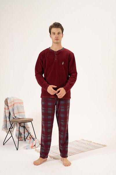 Estiva Men's Winter Buttoned Collar Checked Bottom Fleece Pajama Set