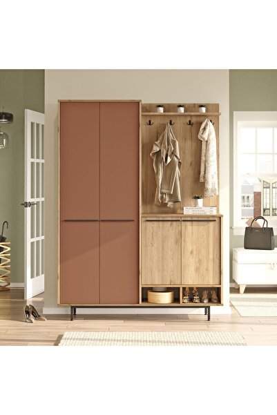 Yurudesign Oasis Portmanto Vestiyer Ayakkabılık Metal Ayaklı Sepet-Kiremit