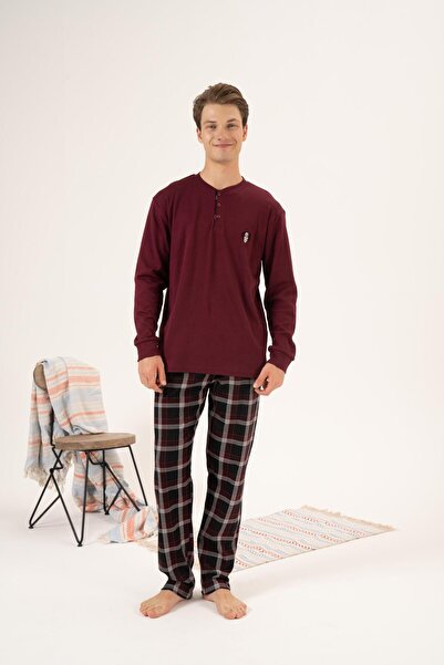 Estiva Men's Winter Pajama Set - Buttoned Collar, Checkered Bottom, Super Soft Interlock, Claret Red