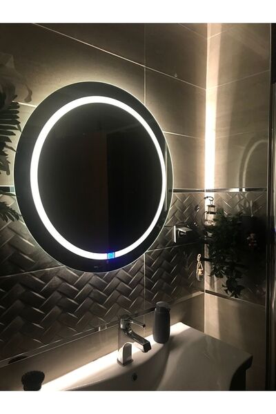 Çelik Cam Dekorasyon 60 Cm. Yuvarlak Ledli Dokunmatik Kumlamalı Dekoratif Flotal Ayna