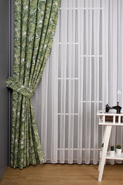 Perdelit Tropikal Yaprak Desenli Fon Perde ( Yan Pile 1 Takım 2 Adet )