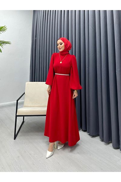 bezenstore Crepe Cut Pearl Belt Dress