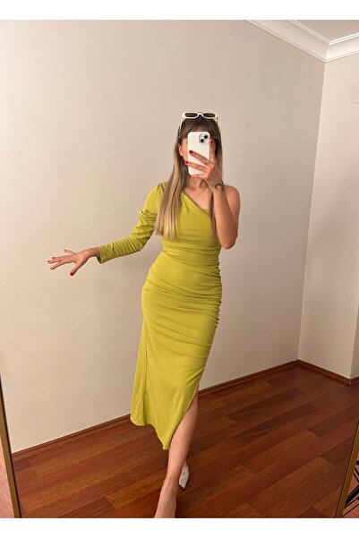 Butik Yeşil Uzun Yırtmaçlı Elbise