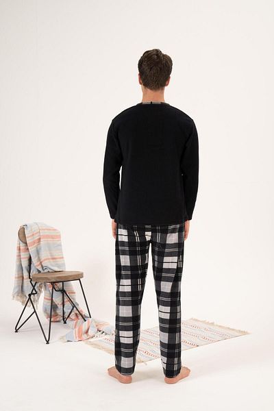 Estiva Men's Winter Fleece Pajama Set - Buttoned Collar, Checkered Bottom