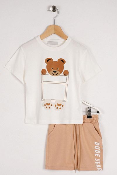 zepkids Crew Neck Half Sleeve Teddy Bear Detailed Ecru Beige Color Boy's Shorts Set