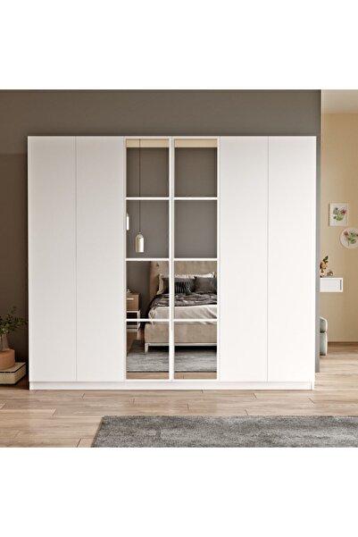 Yurudesign New Home 6 Kapaklı Çekmeceli Aynalı Gardırop Elbise Dolabı Beyaz Hm3-w