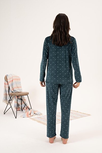 Estiva Σετ χειμερινής πιτζάμα με βελούδινα πουά - Κουμπιά μπροστά, χρώμα πετρέλαιο