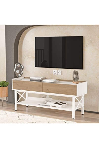 Yurudesign Molena Tv Ünitesi Sehpası Beyaz Metal Ayaklı 140cm Sepet-Beyaz MA1-SW