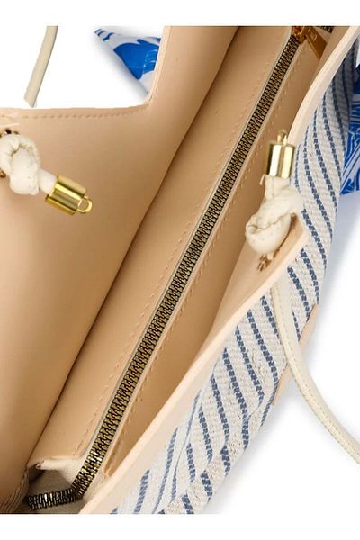 Mercan Women's Linen Shoulder Strap Bag - Cream Color, Zipper and Scarf Detail