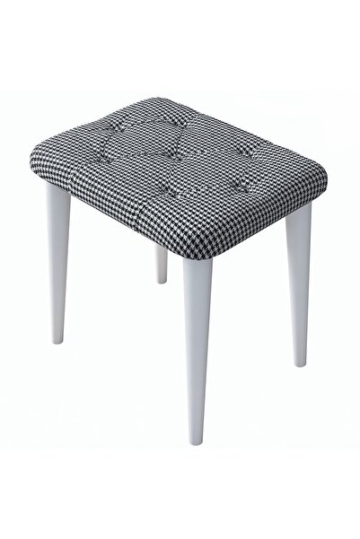 Rani Mobilya Rani Bm101 Puf Ahşap Ayaklı Tabure Siyah - Beyaz Kazayağı Desenli