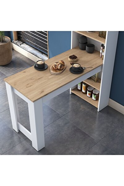 Rani Mobilya Rani Ja102 Masa Raflı Dekoratif Mutfak Yemek Masası Sepet Ceviz - Beyaz