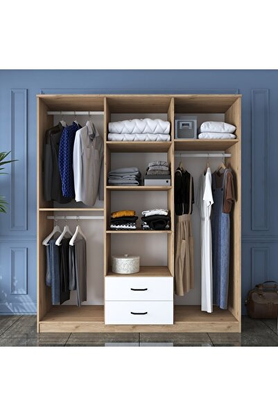 Rani Mobilya Rani Ba113 Geniş Gardırop Elbise Dolabı 6 Kapaklı 2 Çekmeceli 5 Raflı 3 Askılı Sepet Ceviz - Beyaz