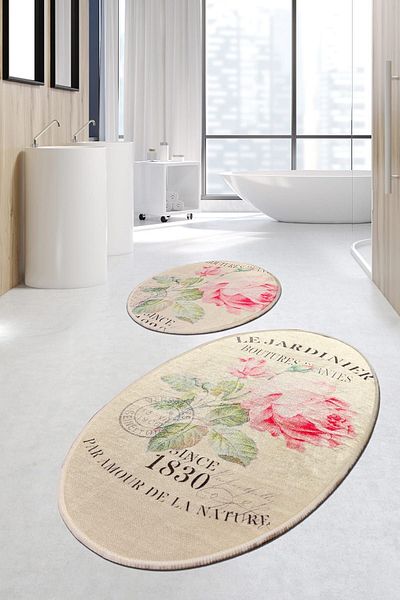 Chilai Home Jardıner Oval Djt - Σετ 2 χαλιών μπάνιου, πλενόμενη και αντιολισθητική βάση
