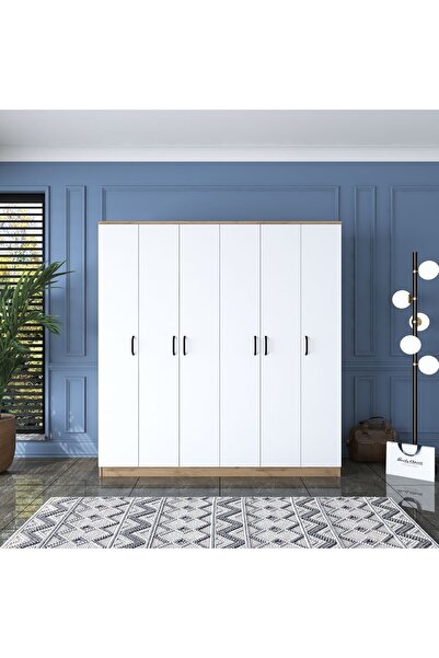 Rani Mobilya Rani Ba114 Geniş Gardırop Elbise Dolabı 6 Kapaklı 16 Raflı 2 Askılı Sepet Ceviz - Beyaz
