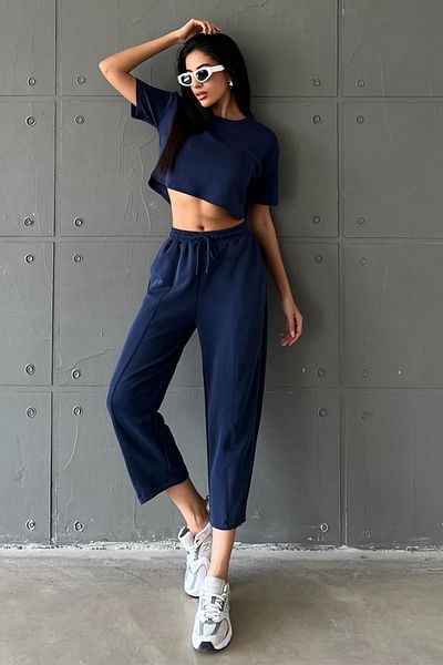 Domoda Navy Blue Ultra Soft, Carrot Cut Lace up Elastic Ankle Length Women's Modal Trousers @Malaga