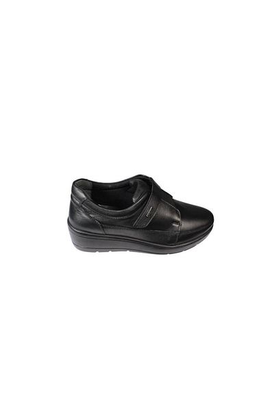 Polaris Polaris Black Genuine Leather 5 Point Velcro 5cm Wedge Heeled Women's Shoes