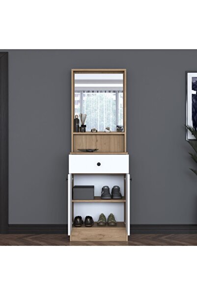 Rani Mobilya Rani P6 Modern Kapaklı Aynalı Portmanto Vestiyer Sepet Ceviz - Beyaz M15